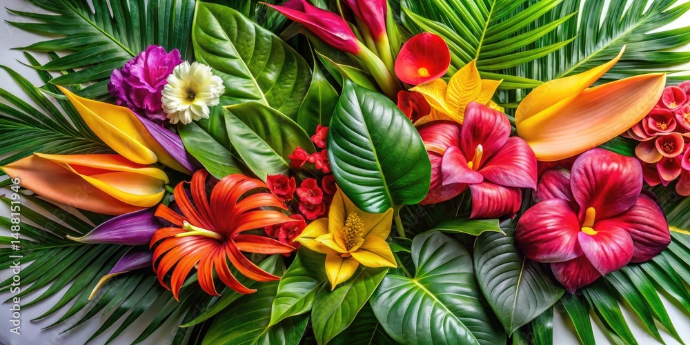 Fototapeta premium Tropical Flowers Clipart, Monstera Leaves, Floral Graphics, Botanical Illustration, Summer Flowers, Floral Design Elements, High-Resolution Images