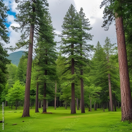  A Lush green forest with tall pine trees