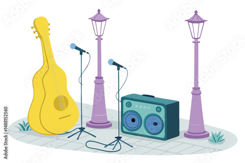 A vibrant street scene depicting a lively music performance on a bustling sidewalk, showcasing the musician's talent and the audience's engagement.