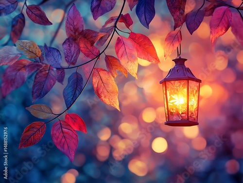 Enchanted evening with lantern light amidst the colourful leaves of autumn
