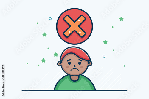 Stylized red 'X' mark floats above a dejected, cartoon character, signifying failure or rejection.  Create a visually striking image.