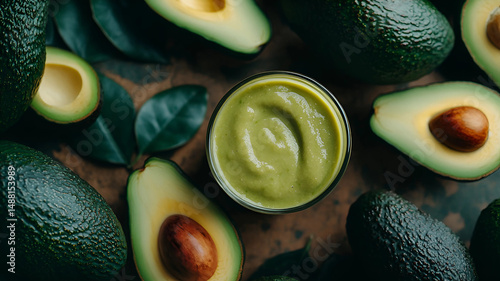 A glass of avocado juice surrounded by avocados, top view