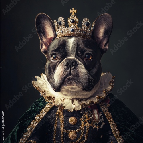Portrait of a stylish French Bulldog dressed as royalty.