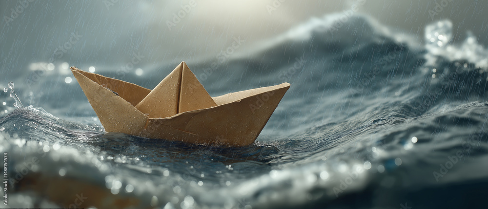 Obraz premium Paper boat sailing through stormy waters