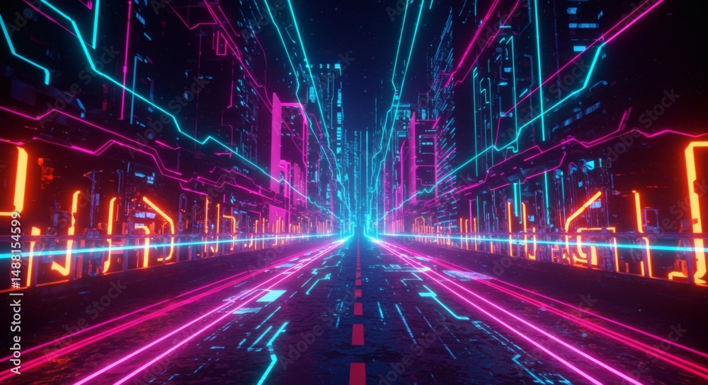 Obraz premium Neon Cityscape with Futuristic Glowing Lines and Urban Architecture View