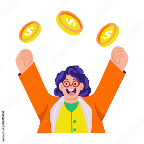 A girl showing her bonus, flat style illustration