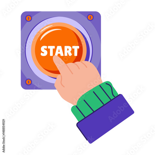 A hand pressing start button, flat style illustration