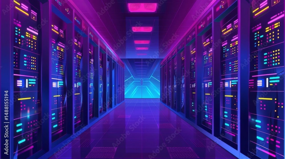 Fototapeta premium Colorful server room illuminated by vibrant lights creating an energetic and modern atmosphere for data processing and management