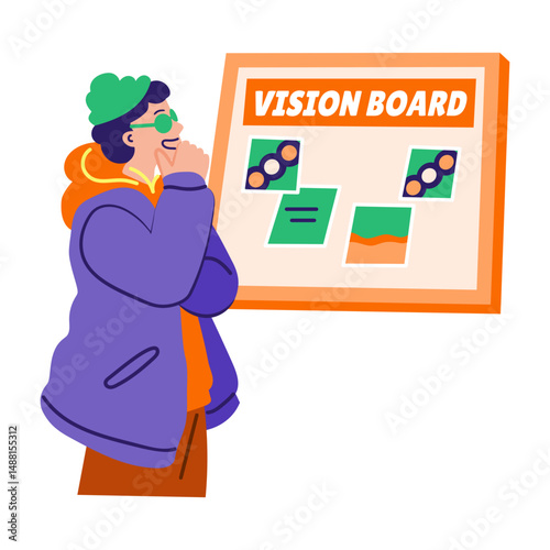 A flat style illustration showing a person looking at vision board