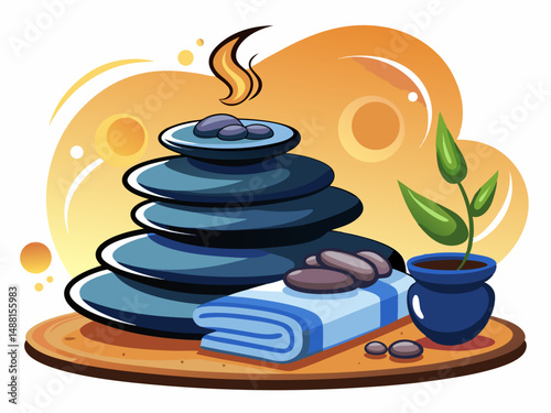 A flat vector of stacked hot stones with steam rising, placed on a towel. White background, classic spa therapy setup