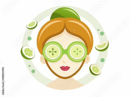 A flat vector of cucumber slices on a face with a clay mask. White background, spa facial treatment concept