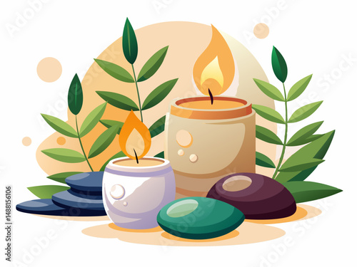 A pair of scented candles lit beside smooth pebbles and green leaves. White background, spa ambiance elements