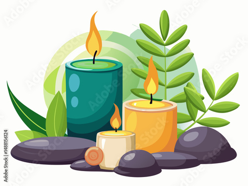 A pair of scented candles lit beside smooth pebbles and green leaves. White background, spa ambiance elements