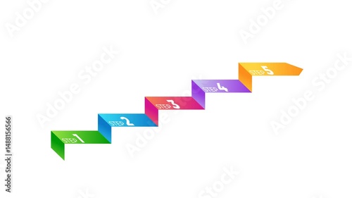 High-quality 3D ribbon-style infographic animation in 4K resolution. Featuring five gradient-colored steps forming a staircase-like progression from left to right. Perfect for business strategy