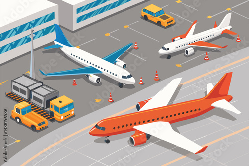 A bustling airport tarmac filled with diverse colorful airplanes undergoing maintenance, surrounded by various service vehicles.
