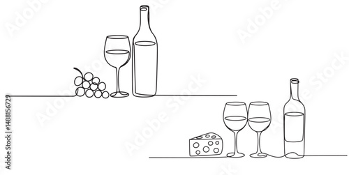 Wine Glass Cheese Grapes Continuous Line Art Illustration, Wine Bottle and Glasses with Grapes and Cheese One Line Art,