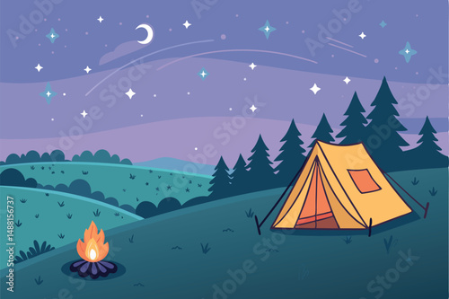 A lone tent pitched on a high-altitude alpine meadow, campfire burning, starry night sky visible.  Serene, adventurous scene.