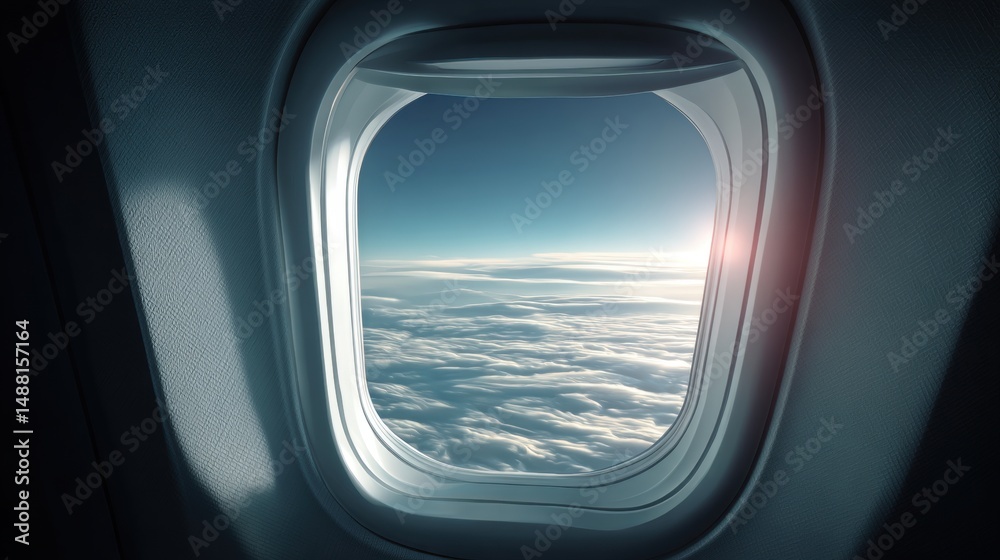 Fototapeta premium Aerial View from Airplane Window Showing Expansive Blue Sky and Soft White Clouds Below