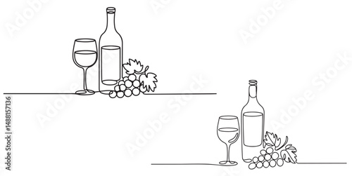 Wine Glass Cheese Grapes Continuous Line Art Illustration, Wine Bottle and Glasses with Grapes and Cheese One Line Art,
