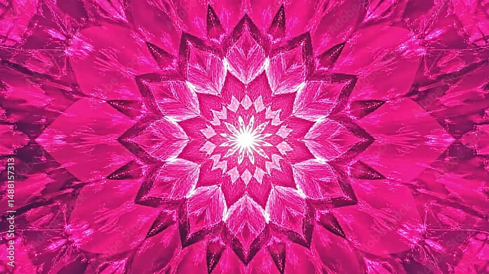 radiant abstract pink geometric patterns, hexagonal forms radiating from a central point, lively textured background of brush strokes and dots, energetic vibes, harmonious colors