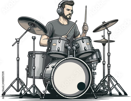 Drummer Playing Silhouette and vector