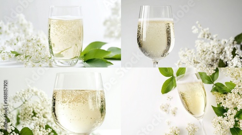 Effervescent drinks in glasses, paired with delicate white flowers & green foliage