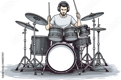 Drummer Playing Silhouette and vector