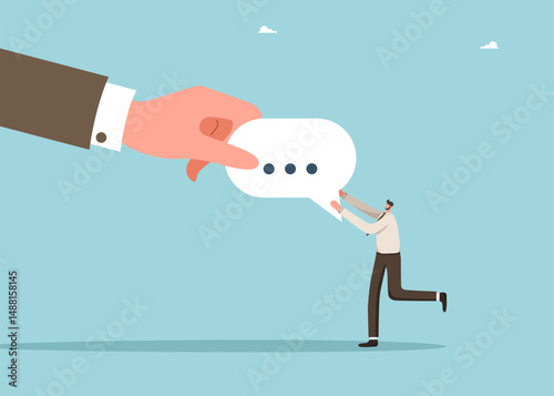 Mentoring help in expressing one's own opinion, team opinions for solving work tasks, improving interaction between departments, business communication skills, the hand gives a man a speech bubble.