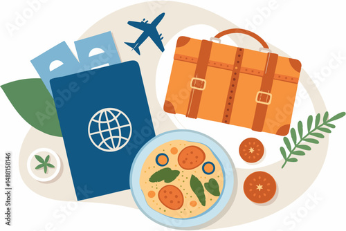 Create a vibrant collage showcasing essential travel items passports, tickets, luggage tags, maps, and travel accessories.  Focus on a visually appealing and organized arrangement.