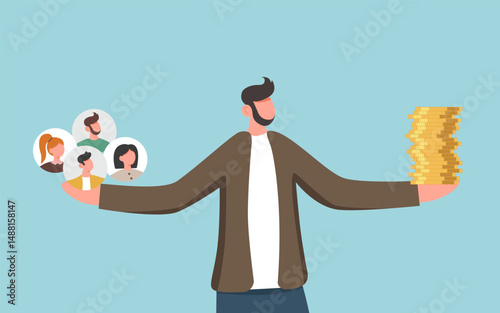 Reorganization or distribution of resources for income and salary growth, distribution of labor force for financial and economic stability, man holding employee icons and stack of coins.