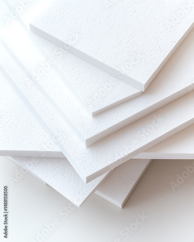 Stack of textured white square boards. Clean and minimalist aesthetic. Close-up shot emphasizing texture and geometric arrangement. Modern material display.