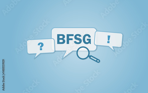 Speech bubbles with the abbreviation BFSG, magnifying glass, question and exclamation marks on a blue background. Concept for inquiry, information search, and regulation clarification.