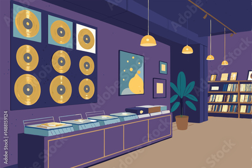 A vibrant, retro-modern vinyl record store interior; showcasing diverse genres, colorful album covers, and vintage audio equipment.  Warm lighting, wood accents.