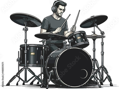Drummer Playing Silhouette and vector