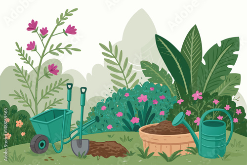 A vibrant, lush backyard garden scene on a sunny weekend, showcasing abundant blooming flowers and healthy green plants, with a partially visible electrical element suggesting outdoor power.