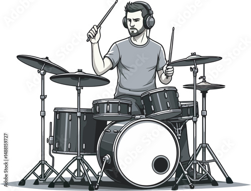 Drummer Playing Silhouette and vector