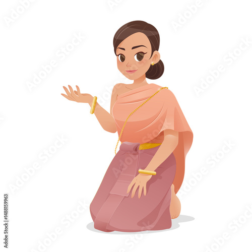 Illustration of a woman in Thai dress, gracefully presenting with her hand.