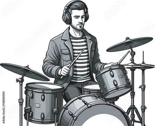 Drummer Playing Silhouette and vector