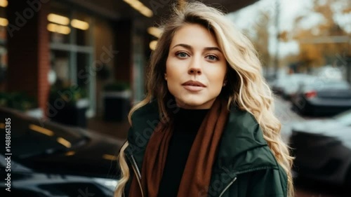 Wallpaper Mural A joyful woman with wavy hair walks down a bustling city street adorned with autumn colors, enjoying the lively atmosphere and charming surroundings Torontodigital.ca