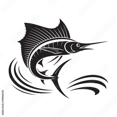 Striking black illustration of a stylized sailfish aquatic creature, Vector black silhouette. with white background