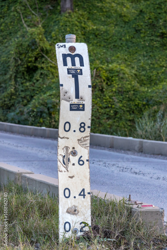 Road subject to flooding sign depth indicator