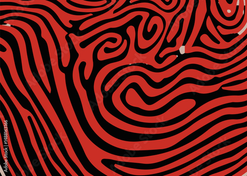 Vector illustration shows flowing, curved orange lines on a black background. The bold, psychedelic style creates a sense of movement and energy, reflecting popular op art design trends.