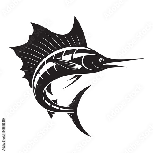 Striking black illustration of a stylized sailfish aquatic creature, Vector black silhouette. with white background