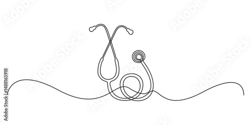 Continuous single line drawing of stethoscope freehand drawn picture silhouette, doctors day concept. Continuous one line art drawing of stethoscope vector illustration