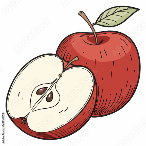 Red apple halved and whole isolated on white background