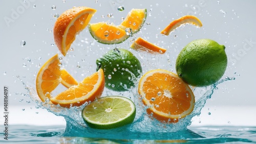 Studio photograph of fresh oranges and limes with a splash of water