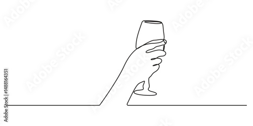 Hand drawn hands hold wine clinking glasses continuous one line drawing contour, Glass bottle with wine, port, alcohol. wine glass, Single line art drawing sketch, logo, hand with wine. Vector illustr
