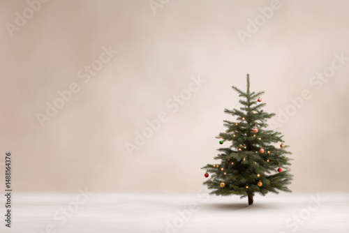 solitary christmas tree stands alone against plain background adorned with twinkling lights and colorful ornaments
