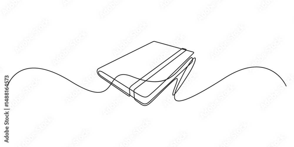 Fototapeta premium Continuous one line drawing of book and pen or pencil. Opened book single line art drawing illustration. Note book and pen drawing. Premium vector illustration