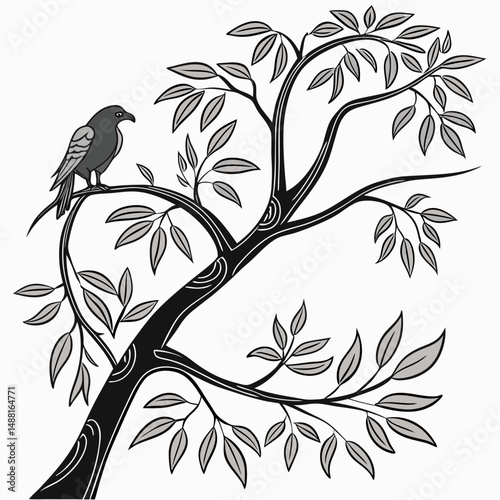 Elegant bird on branch with leaves, transparent png